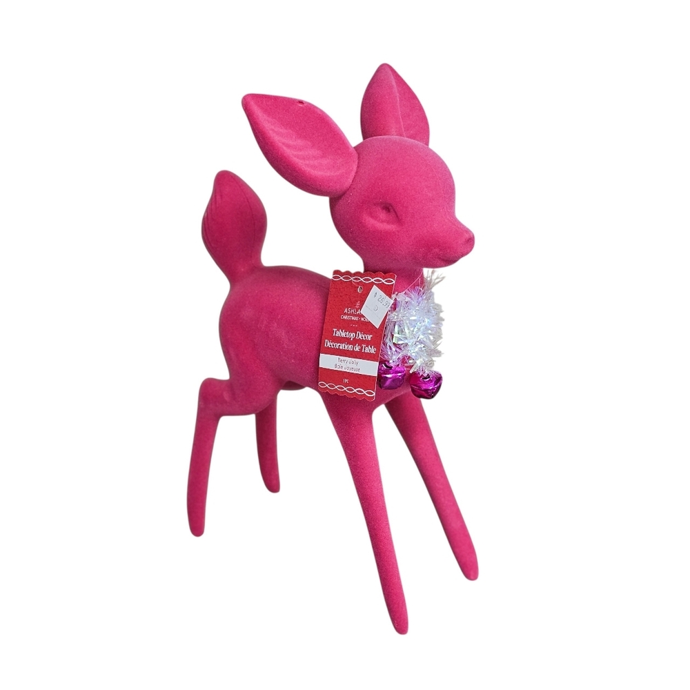 12" Ashland Pink Flocked Deer Tabletop Decor Holiday Jingle Bells Christmas